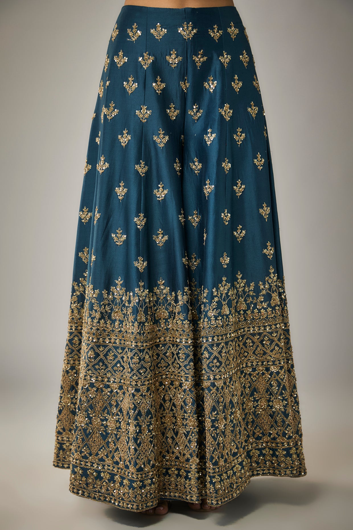 teal blue chanderi silk aari hand & machine embroidered sharara set