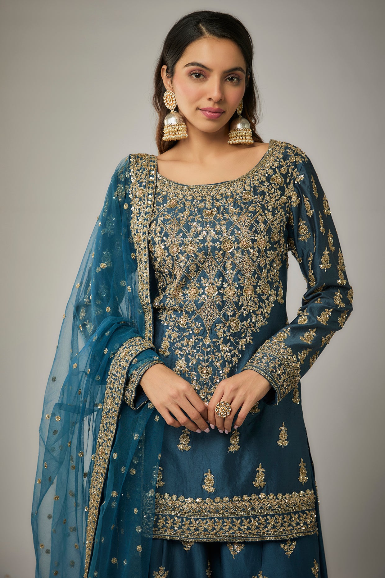 teal blue chanderi silk aari hand & machine embroidered sharara set