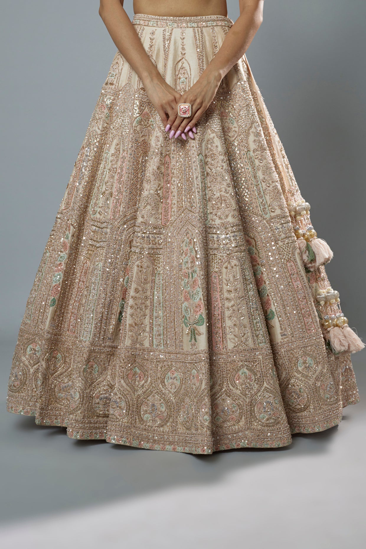 peach raw silk embroidered lehenga set
