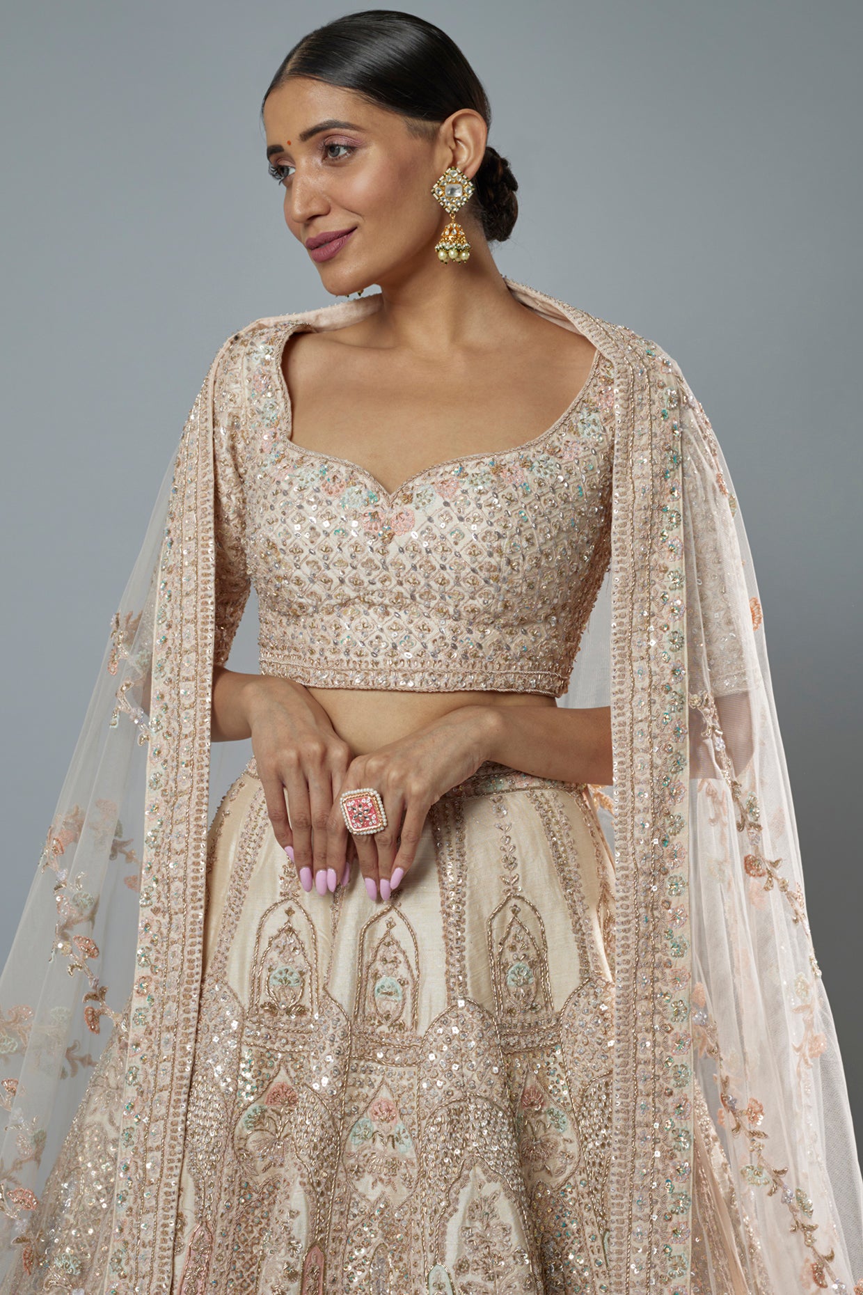 peach raw silk embroidered lehenga set