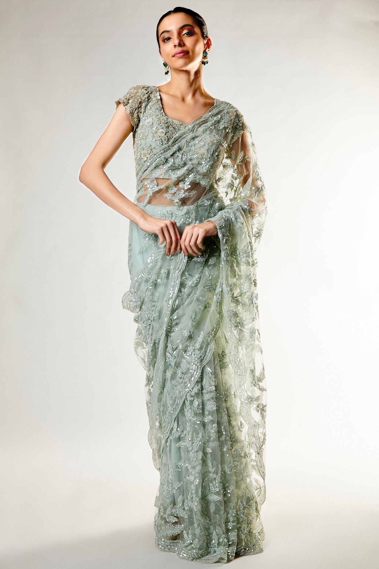 mint green organza embellished saree set