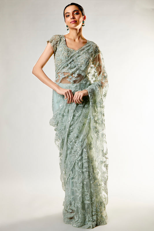 mint green organza embellished saree set