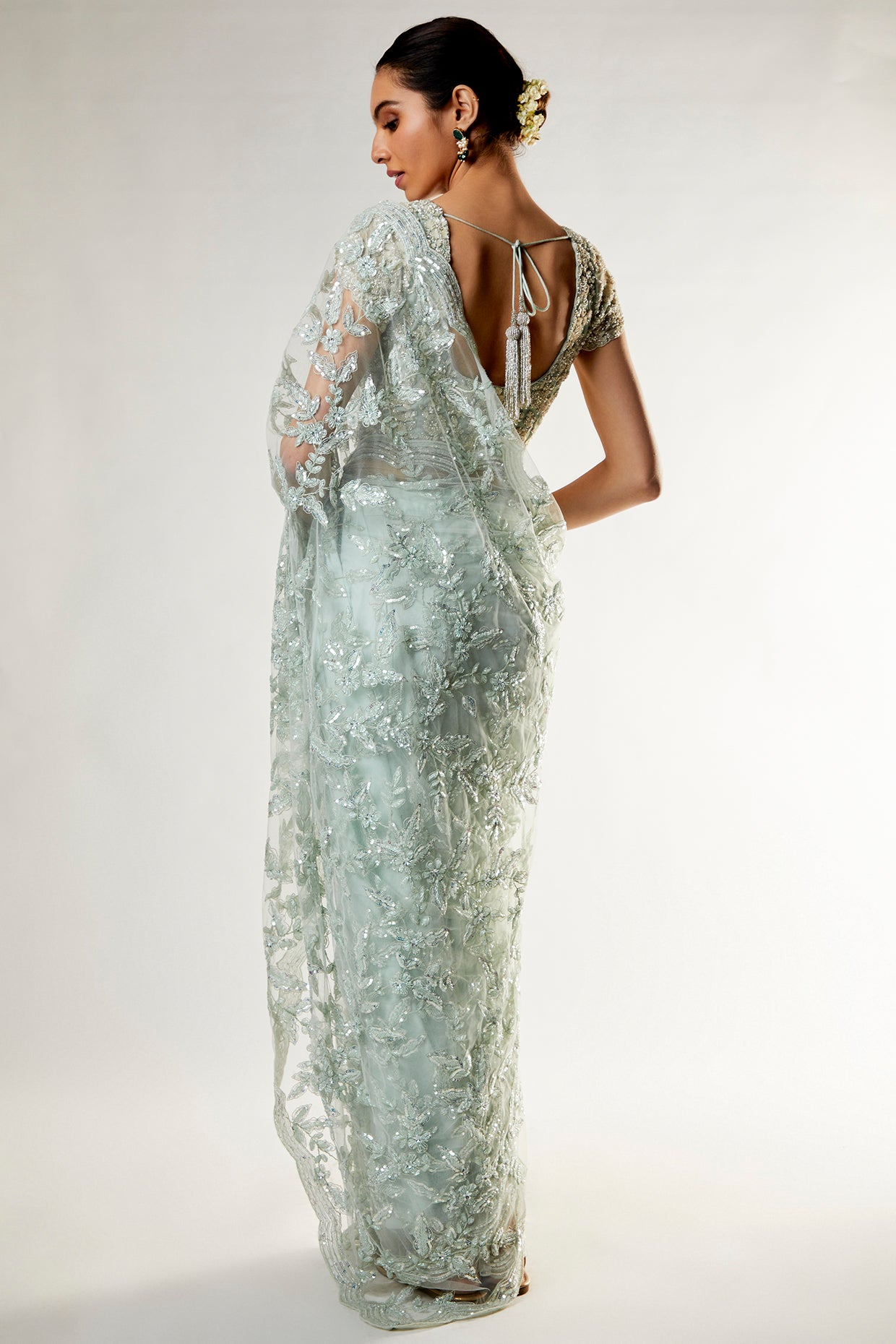 mint green organza embellished saree set