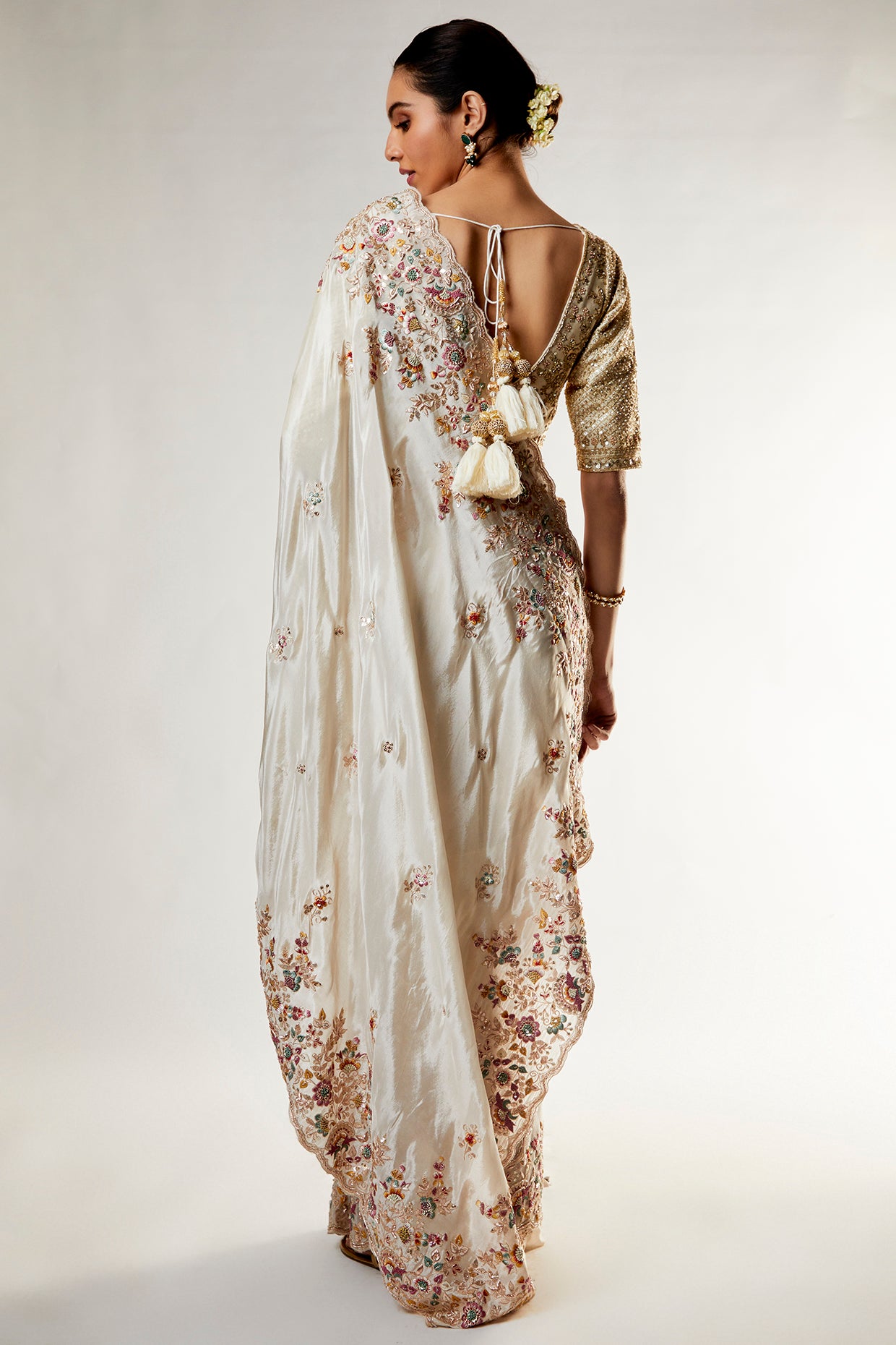 beige organza embellished saree set