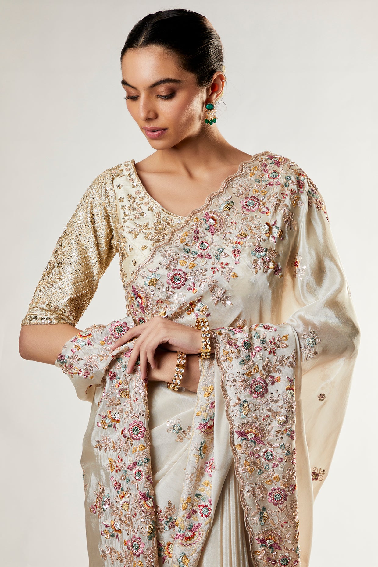 beige organza embellished saree set