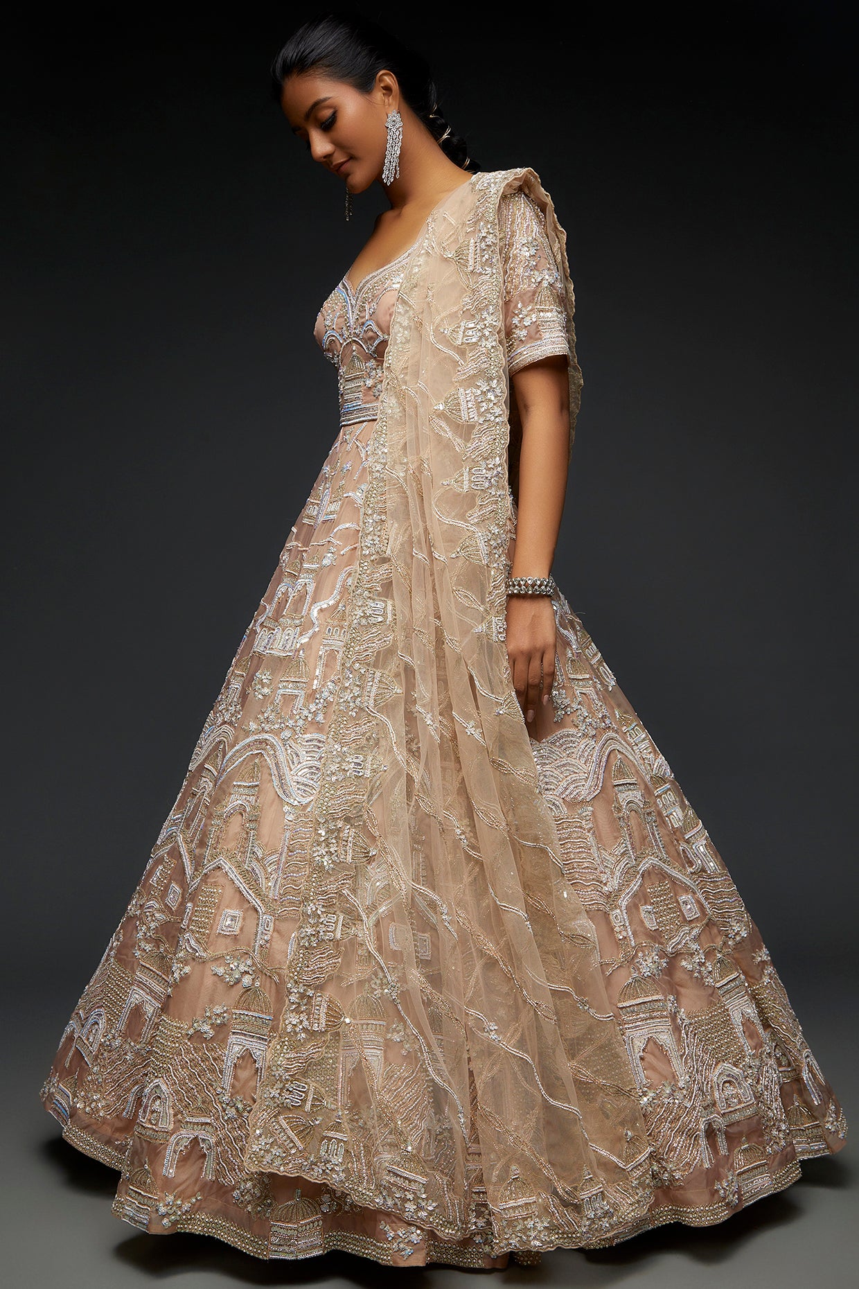 beige organza embroidered gown