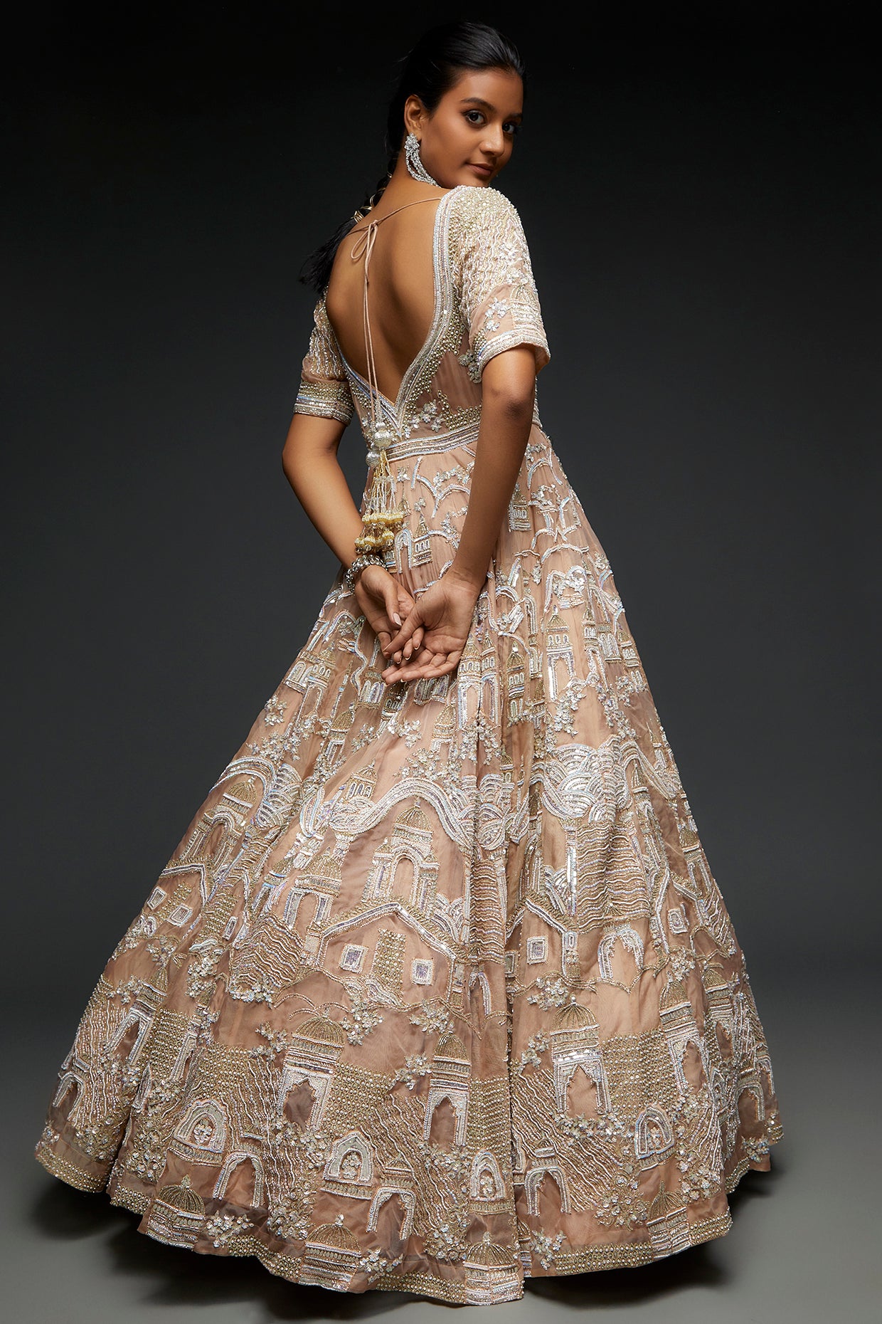 beige organza embroidered gown