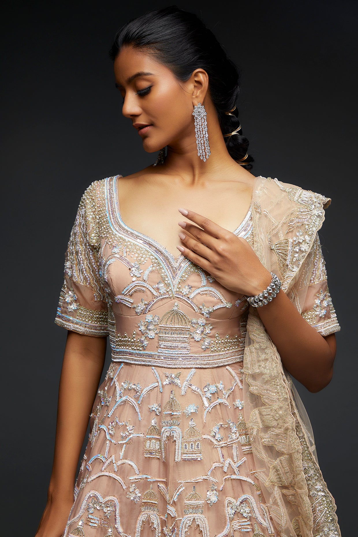 beige organza embroidered gown