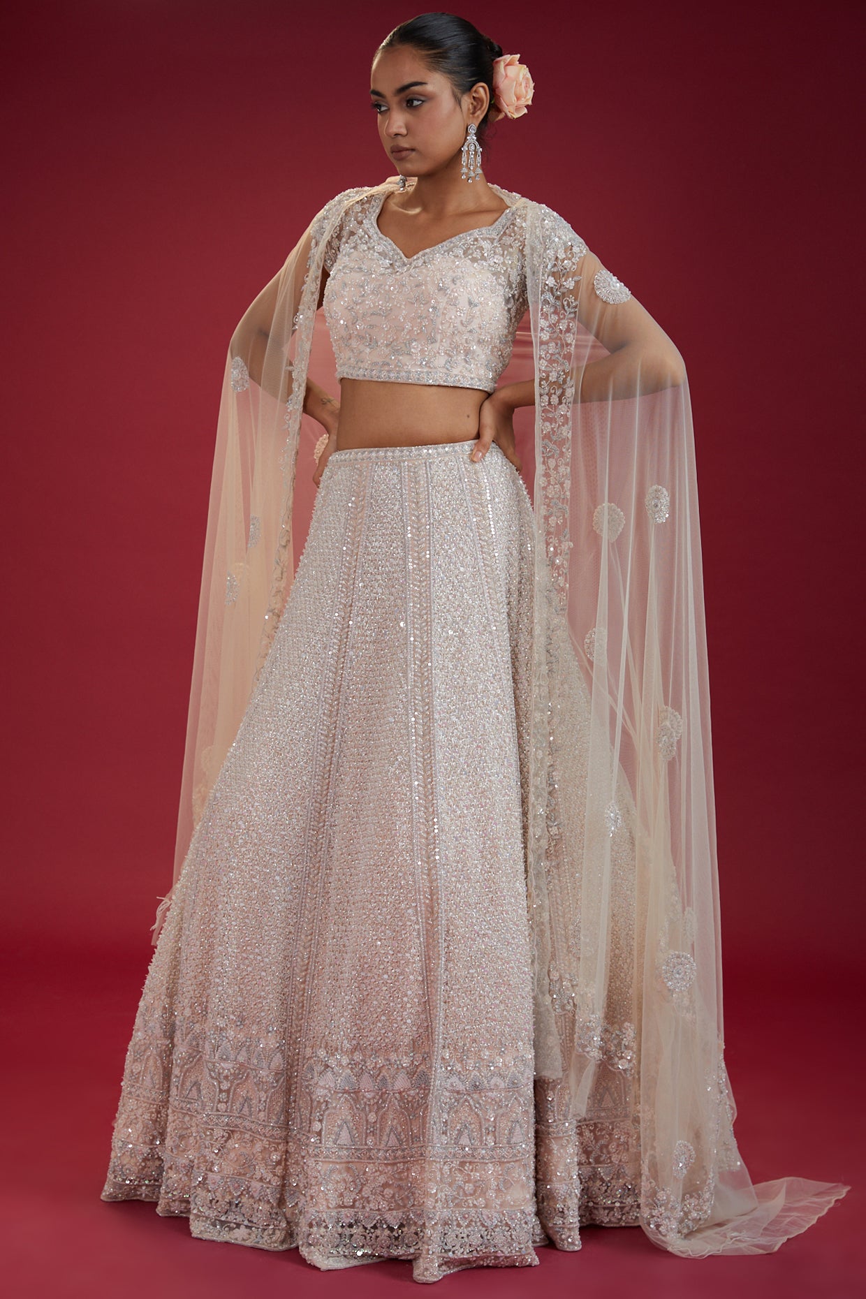 Pink Net Embroidered Lehenga Set