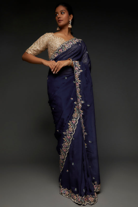 royal blue organza embroidered saree set