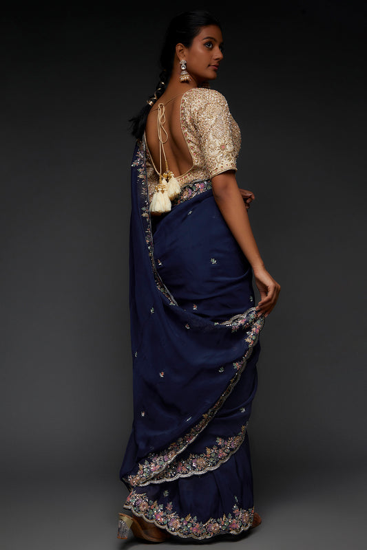 royal blue organza embroidered saree set