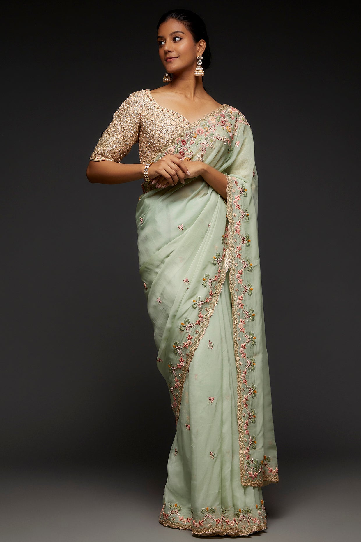 sea green organza embroidered saree set