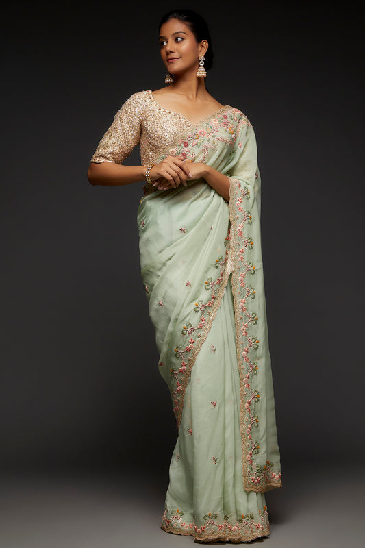sea green organza embroidered saree set