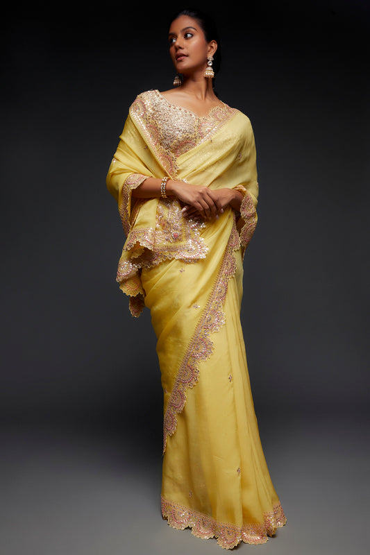 mustard yellow organza embroidered saree set