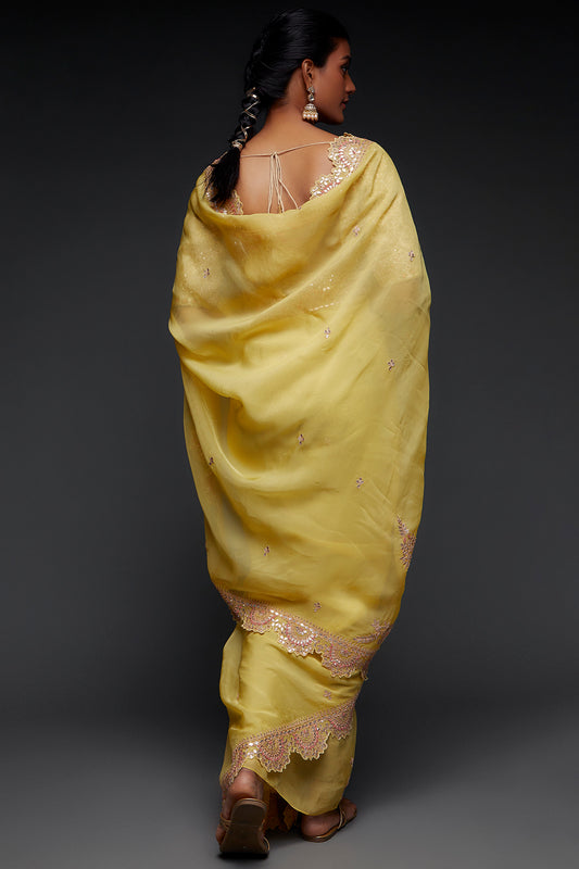 mustard yellow organza embroidered saree set
