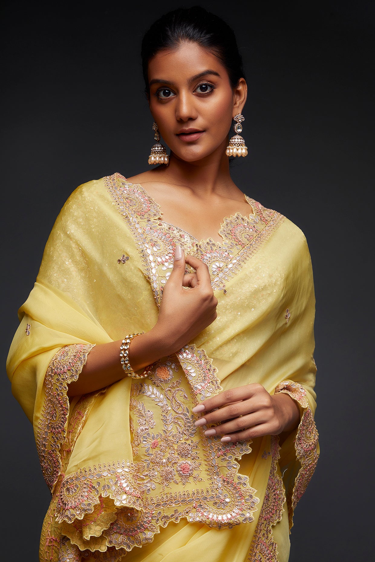 mustard yellow organza embroidered saree set