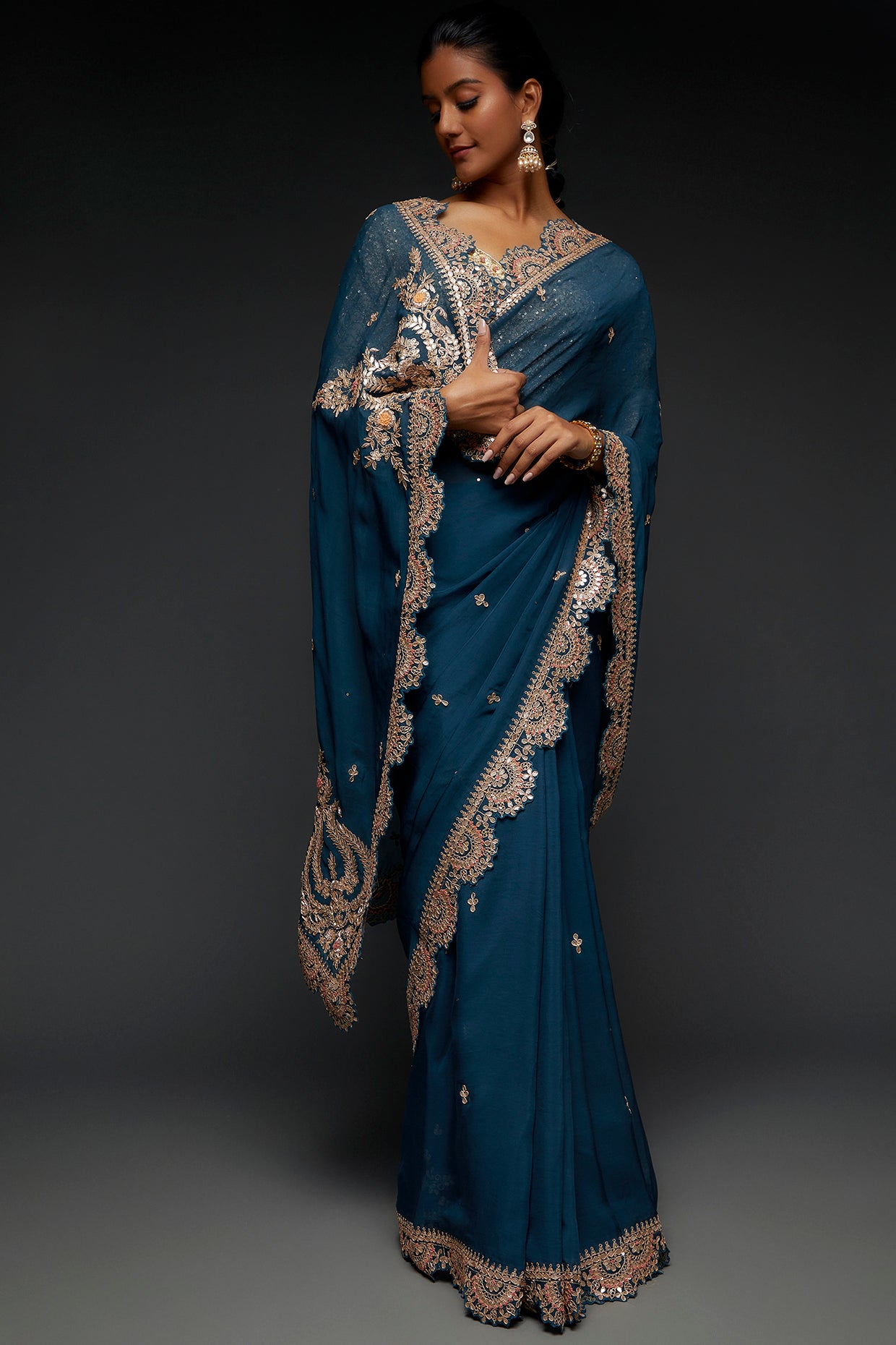 teal blue organza embroidered saree set