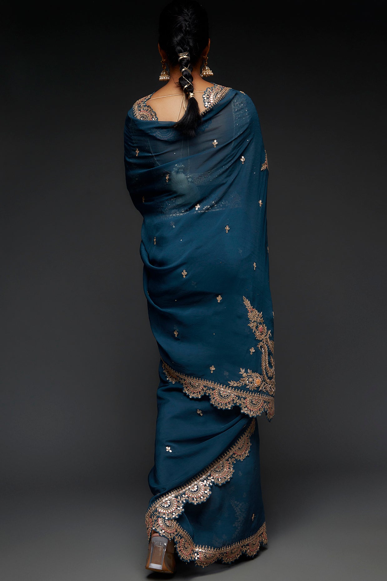 teal blue organza embroidered saree set