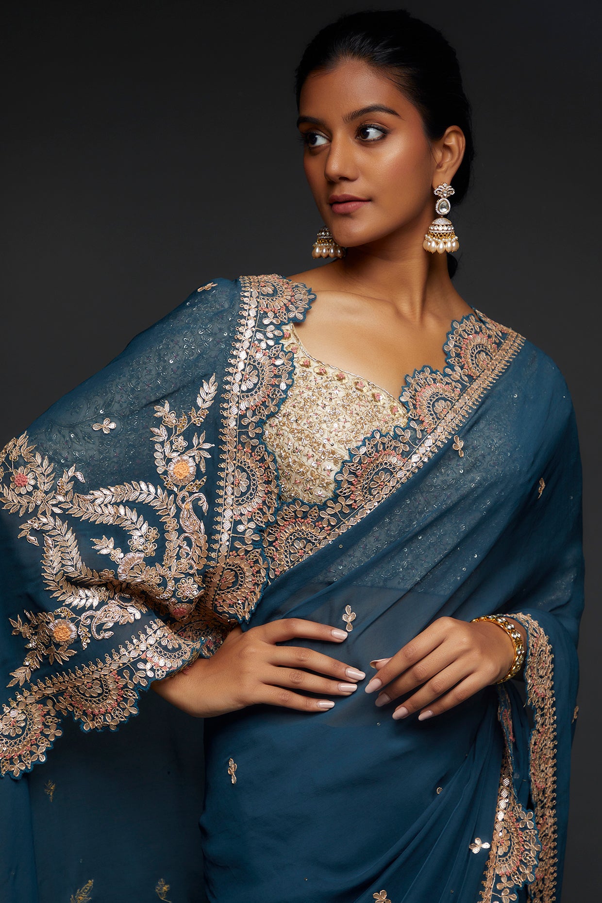 teal blue organza embroidered saree set