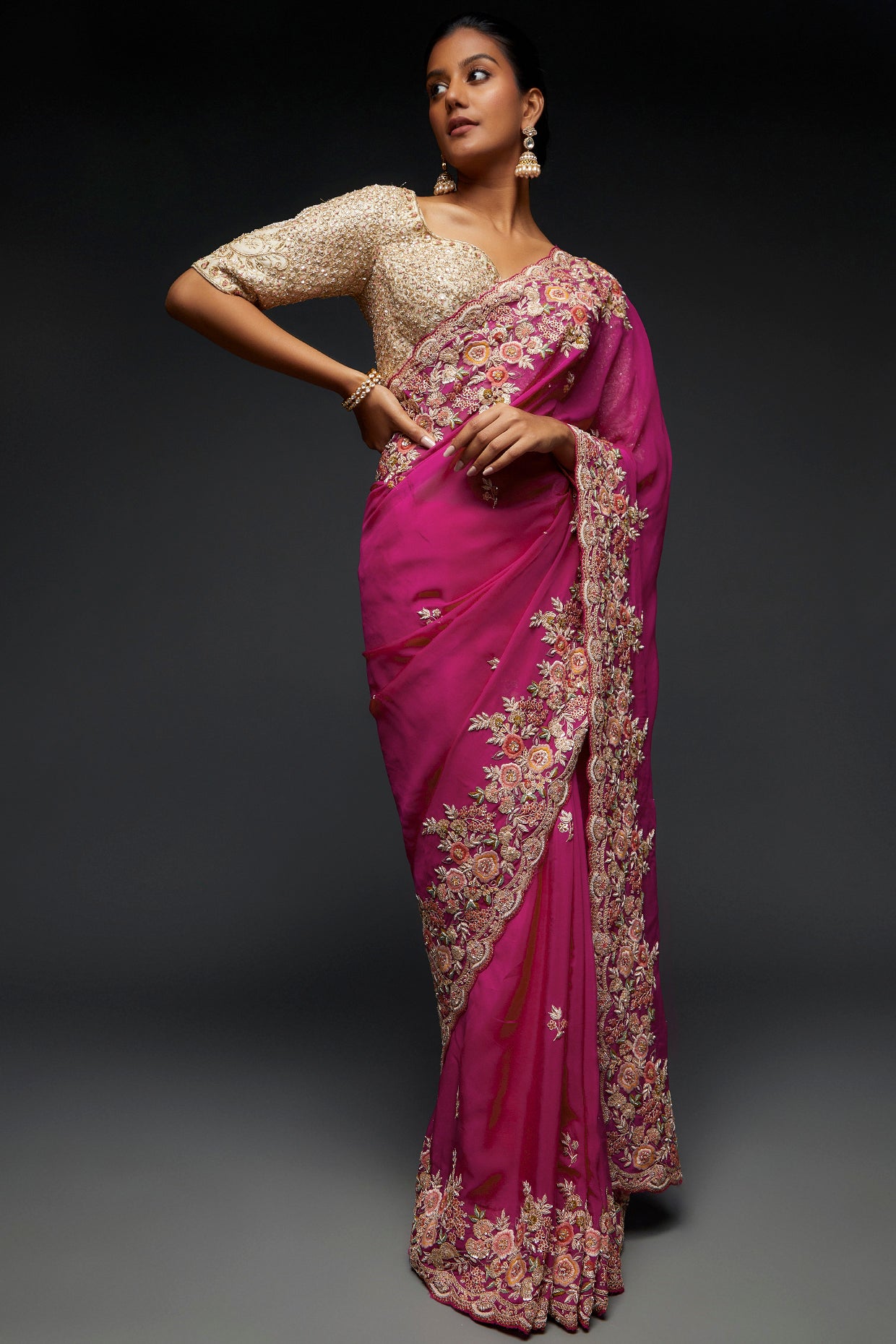 pink organza resham embroidered saree set