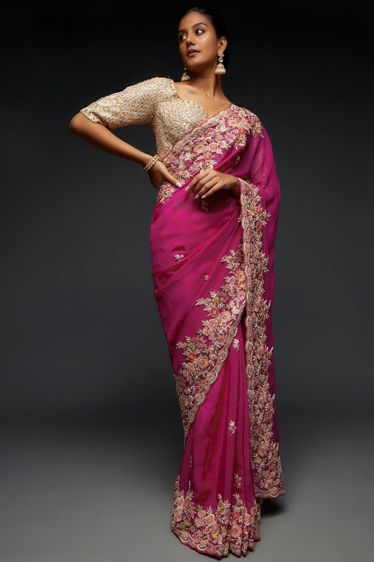 pink organza resham embroidered saree set