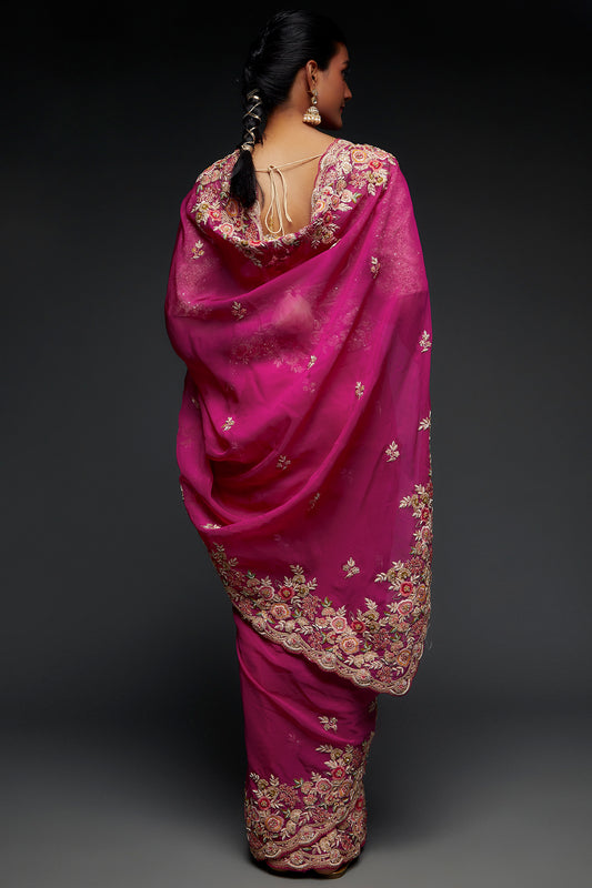 pink organza resham embroidered saree set
