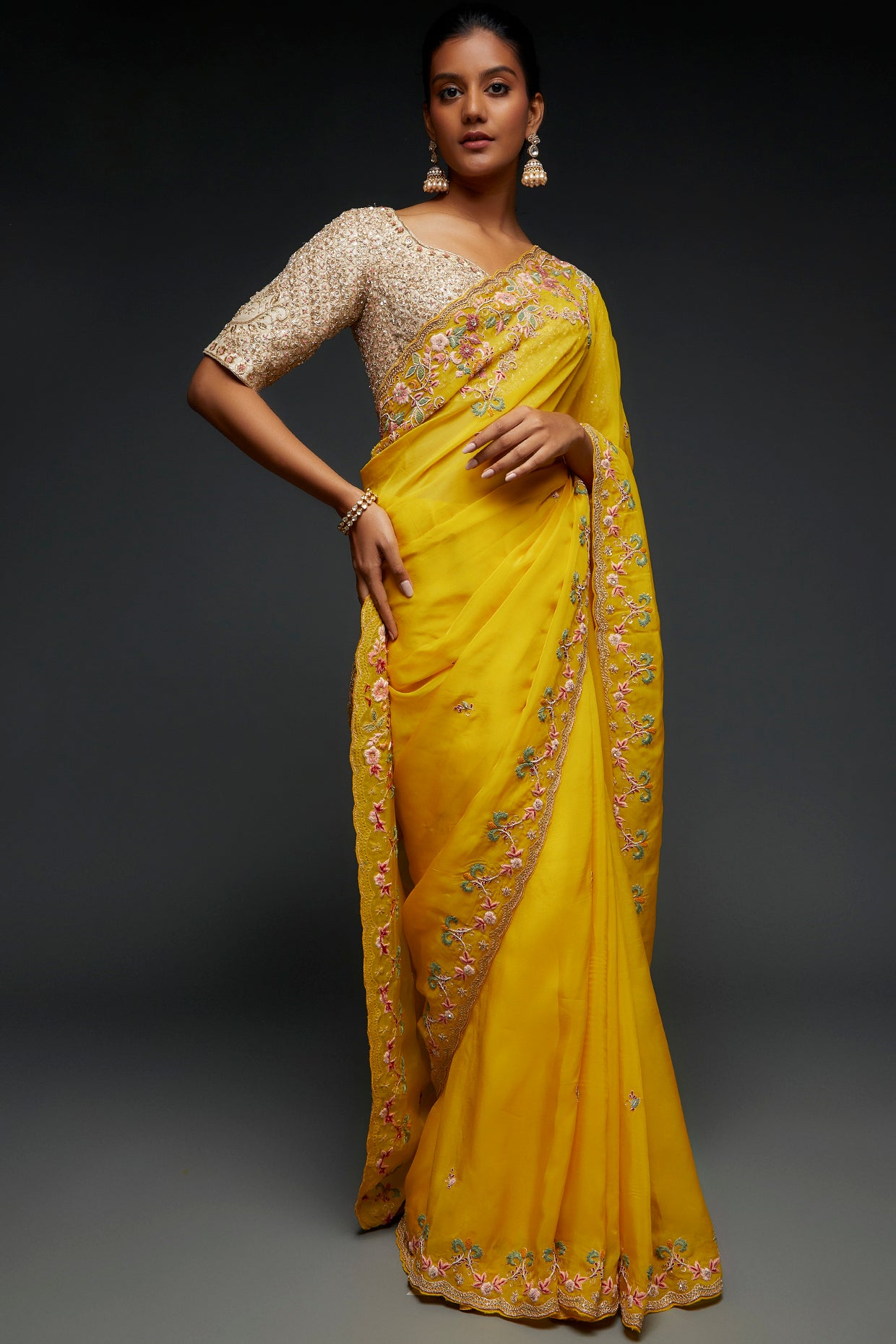 mustard yellow organza embroidered saree set