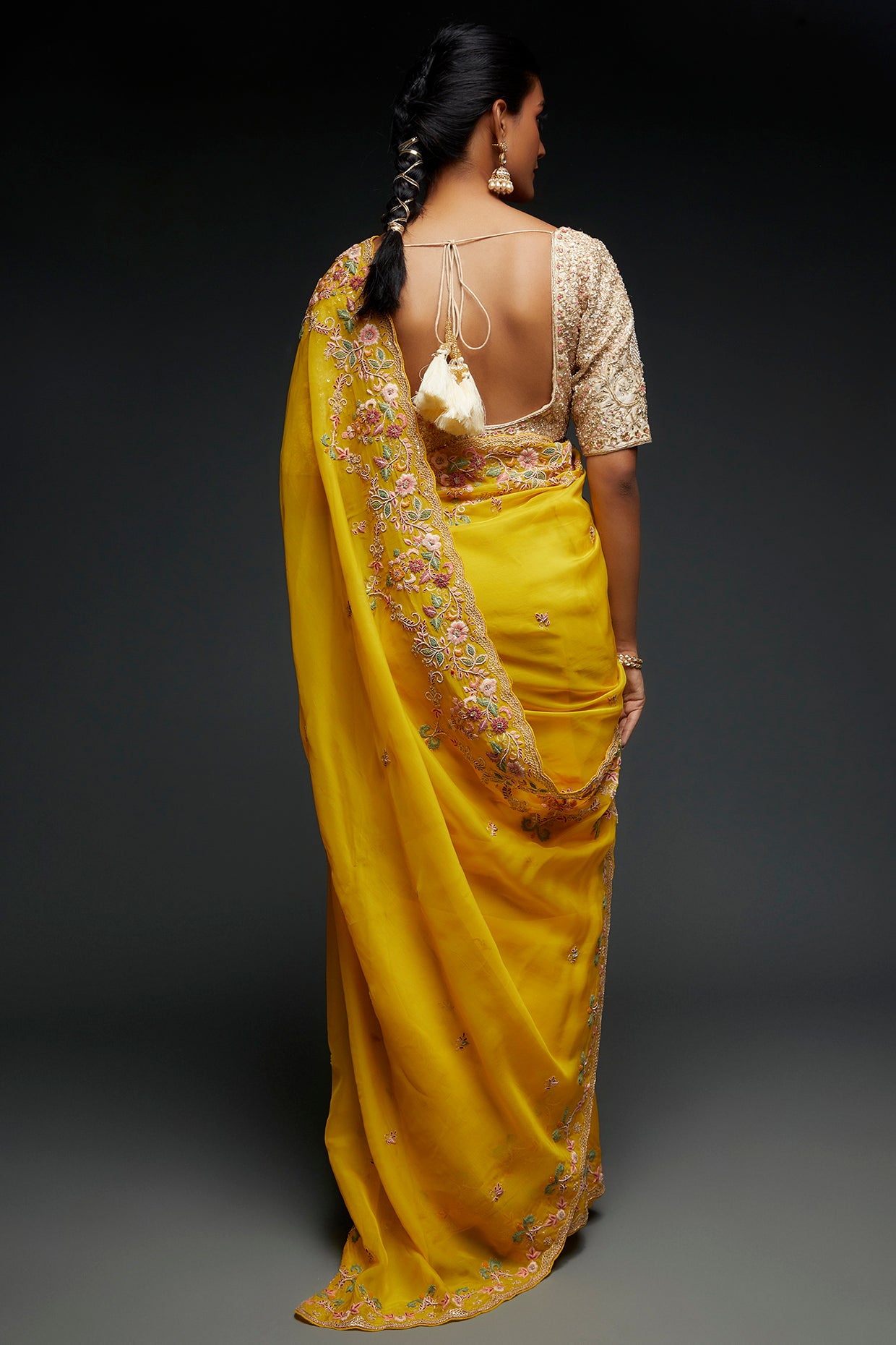 mustard yellow organza embroidered saree set