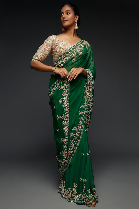 dark green organza embroidered saree set