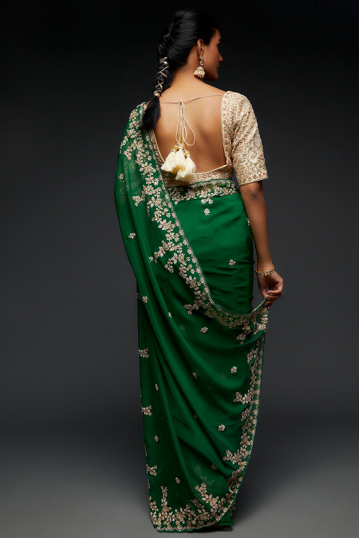 dark green organza embroidered saree set