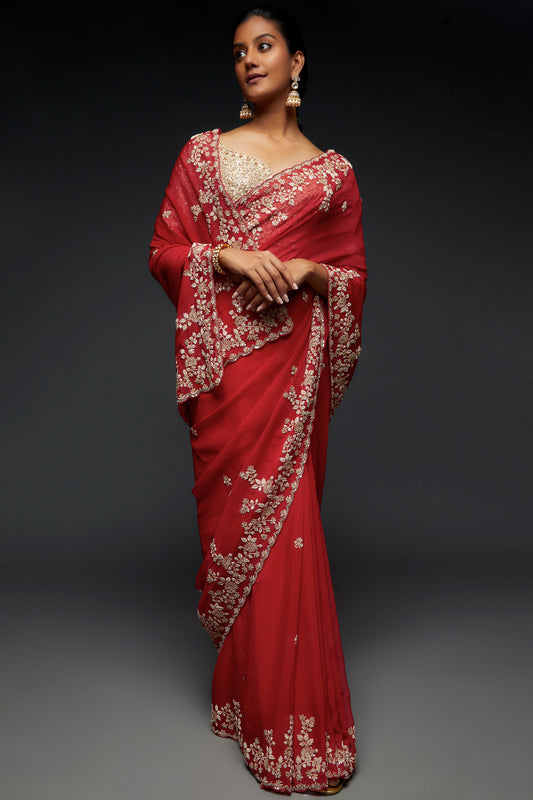 cherry red organza embroidered saree set