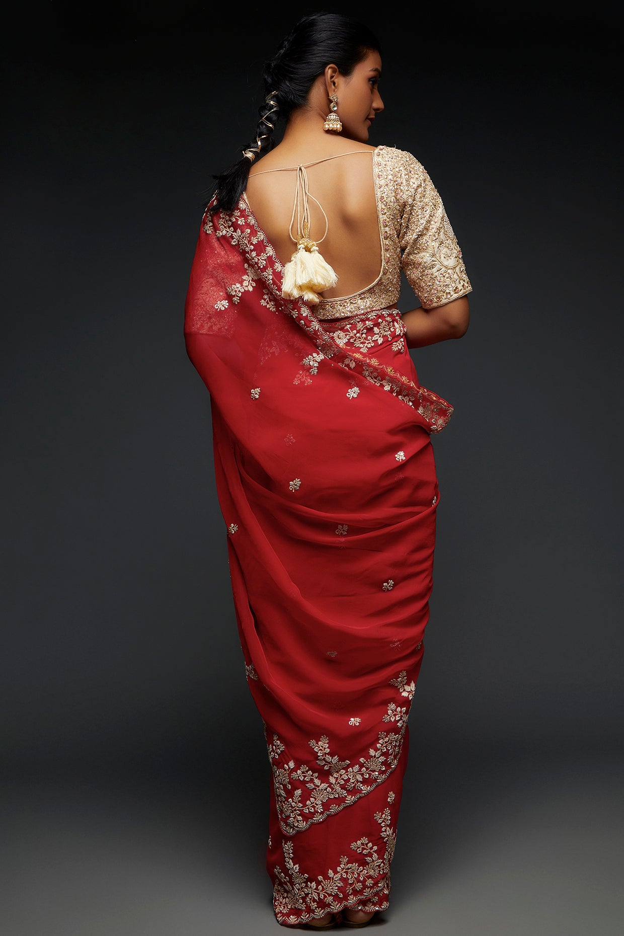 cherry red organza embroidered saree set