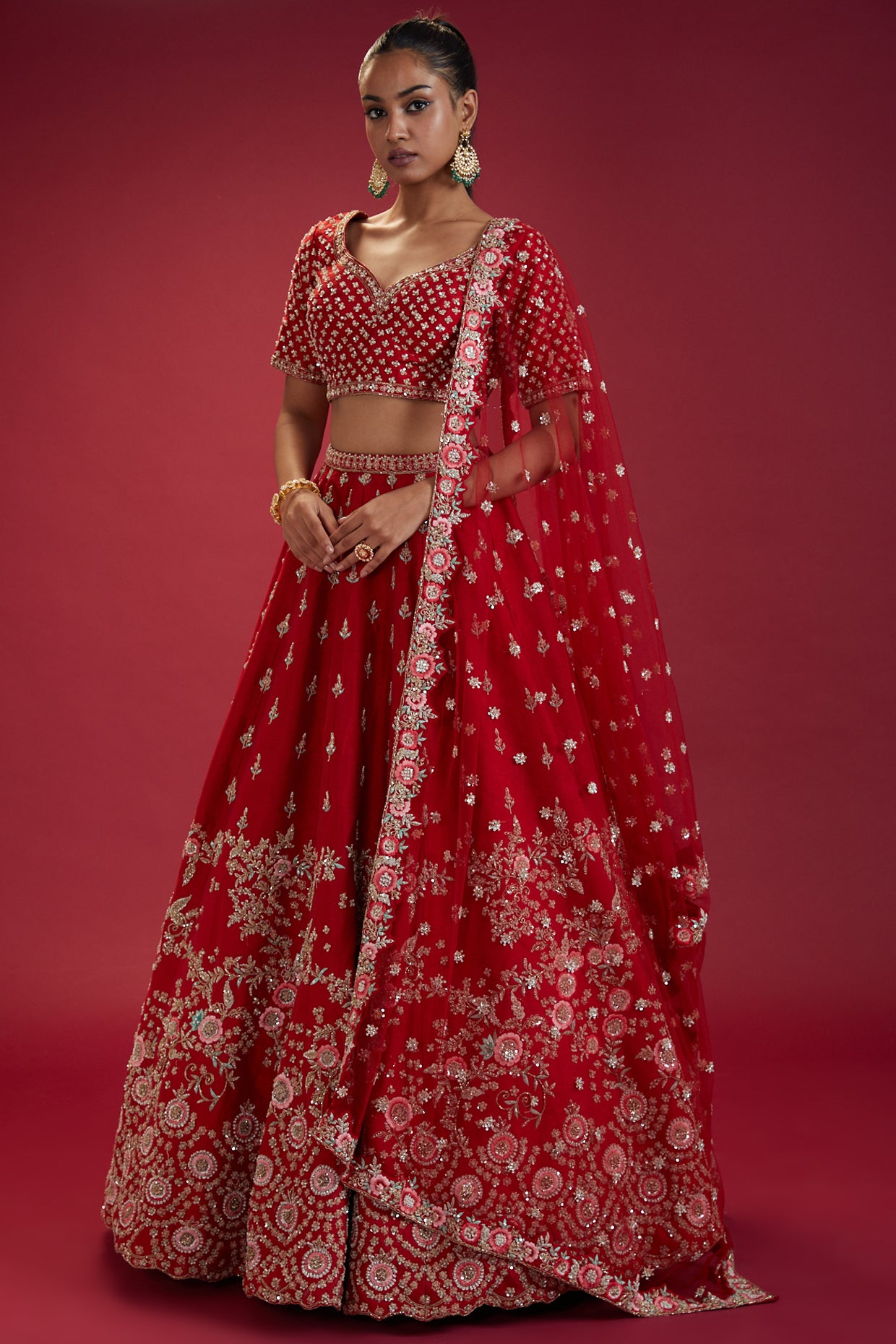 red raw silk hand embroidered lehenga set