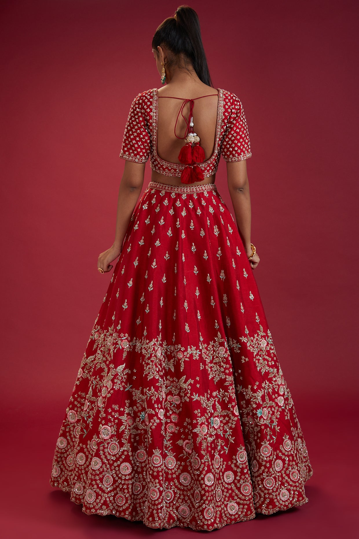 red raw silk hand embroidered lehenga set