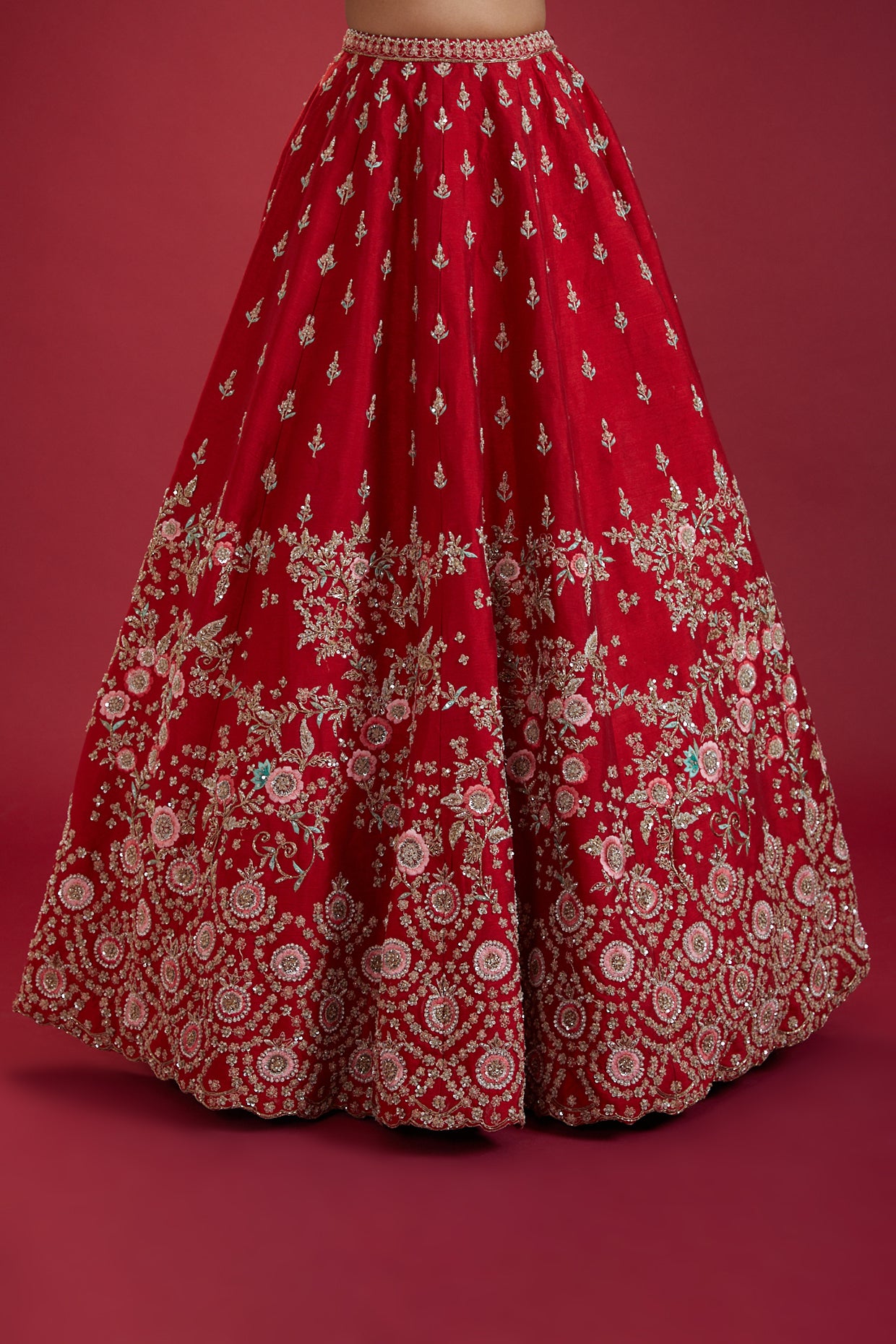 red raw silk hand embroidered lehenga set