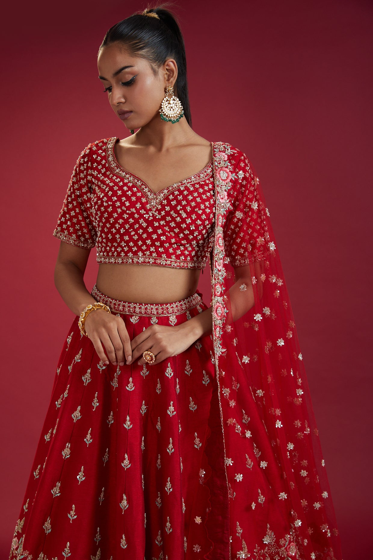 red raw silk hand embroidered lehenga set