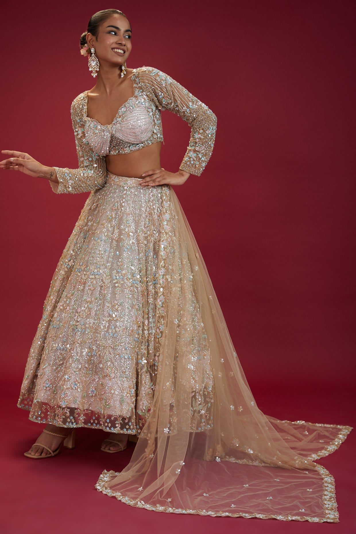 grey net embroidered lehenga set