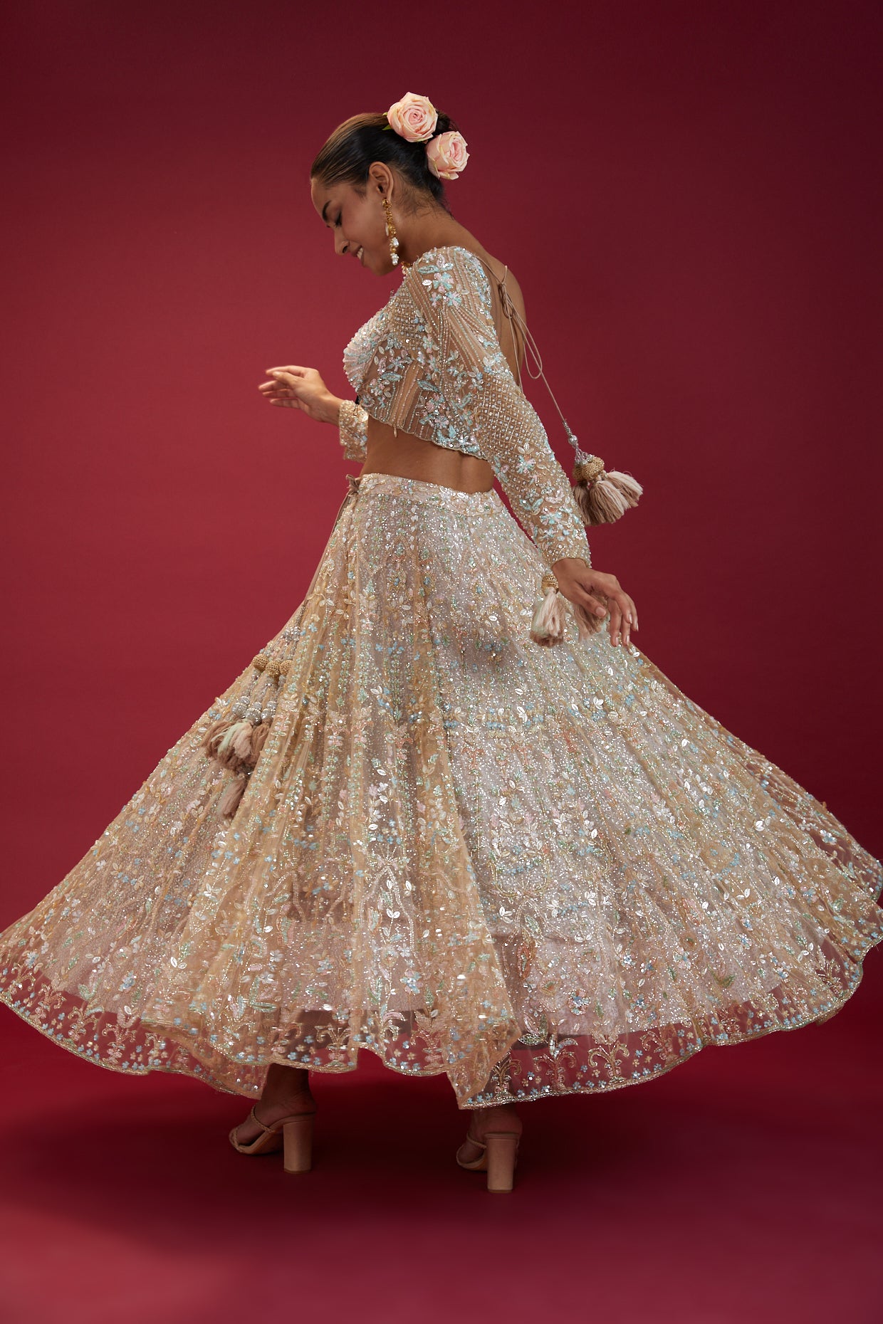 grey net embroidered lehenga set