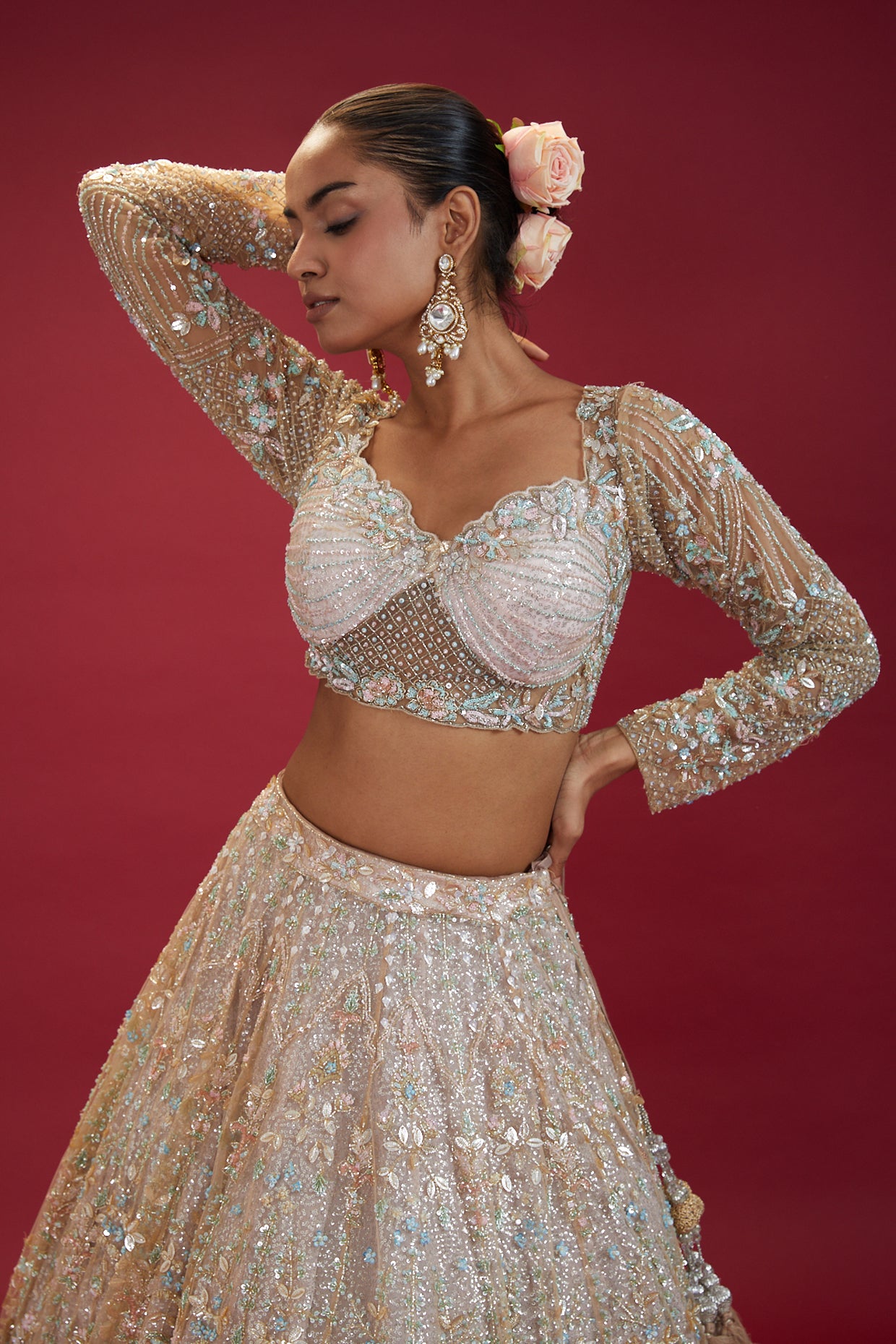 grey net embroidered lehenga set