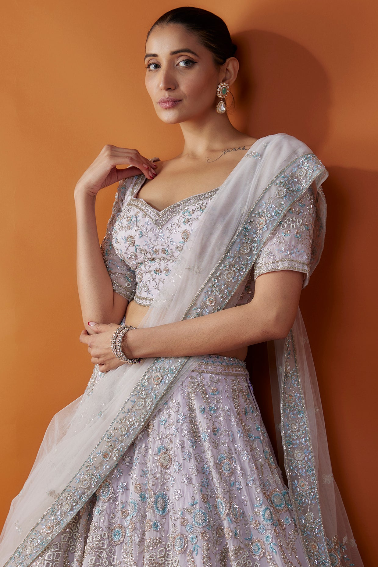 Lavender Net Hand Embroidered Lehenga Set