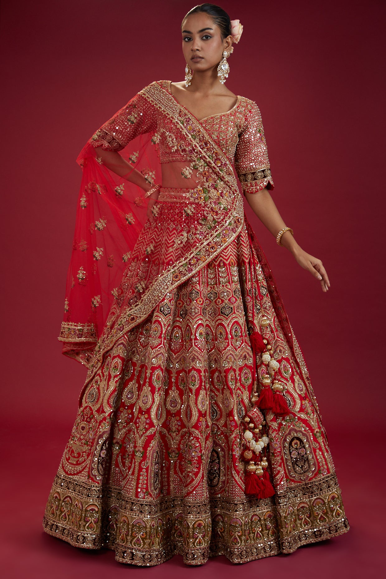 red raw silk hand embroidered lehenga set