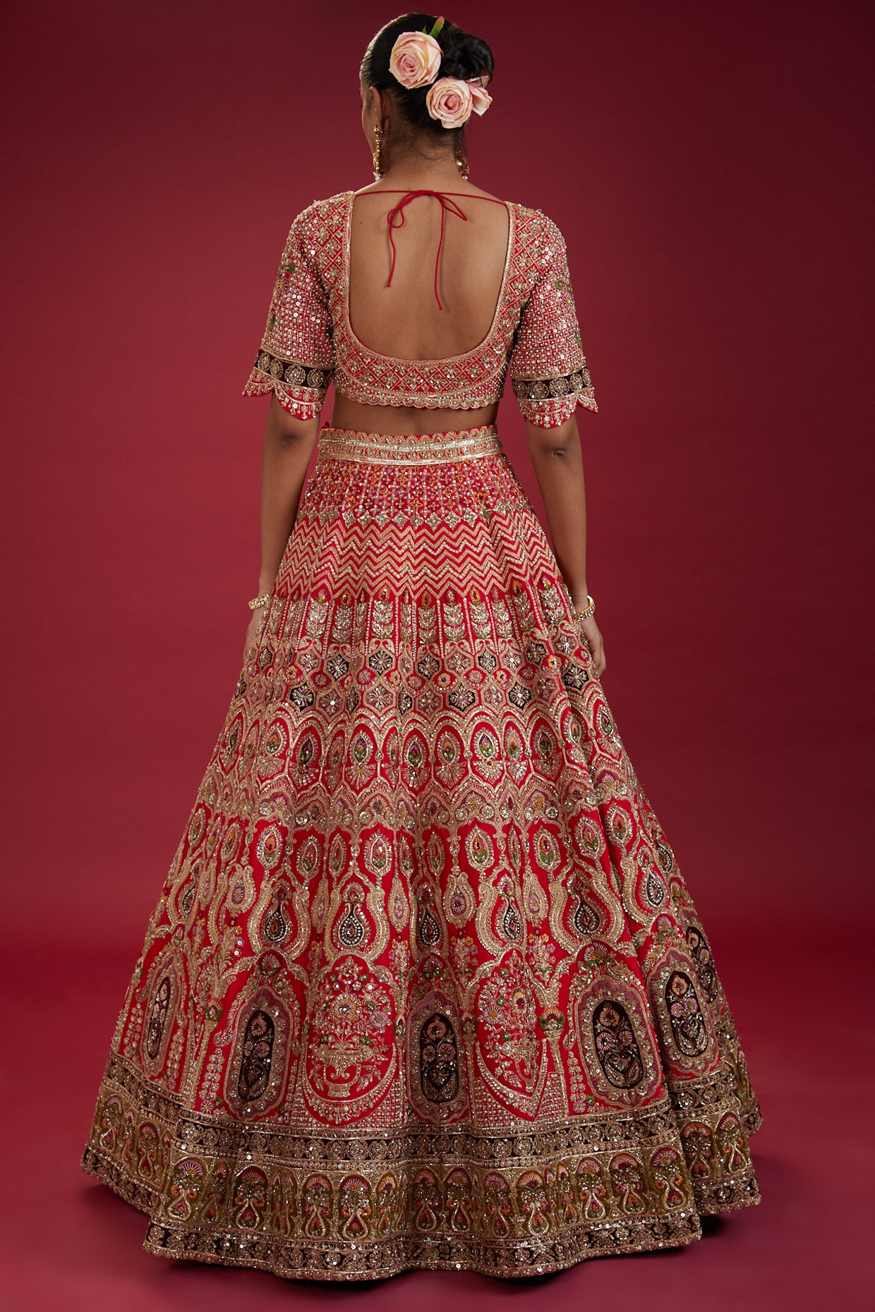 red raw silk hand embroidered lehenga set