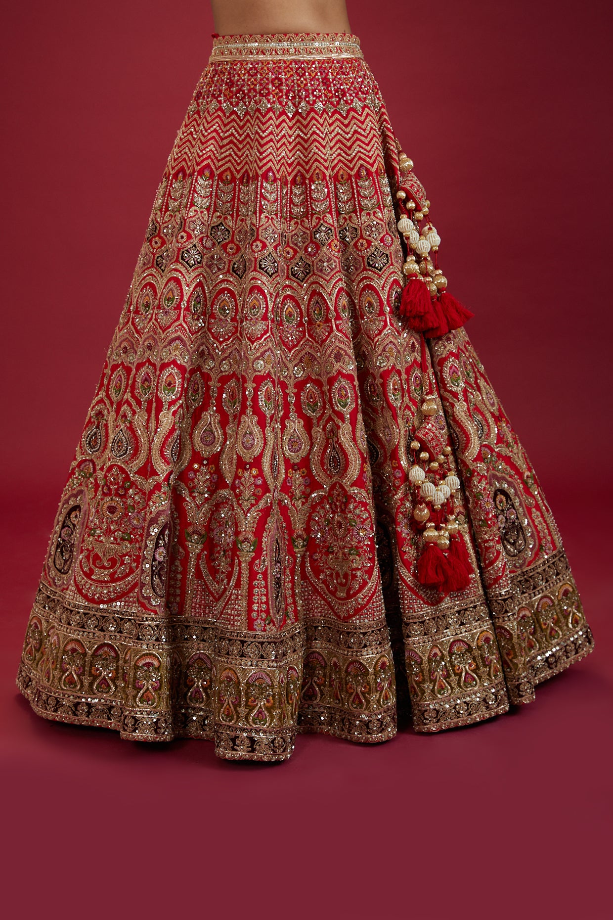 red raw silk hand embroidered lehenga set