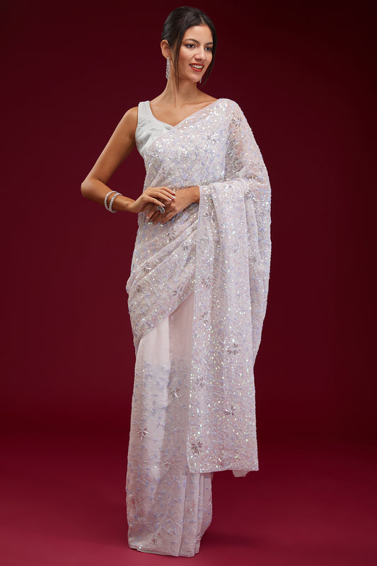 lilac organza crystal embroidered Designer Saree