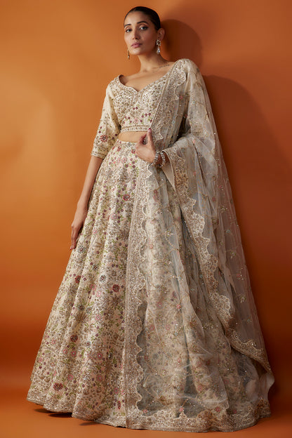 Ivory Raw Silk Zardosi Embroidered Lehenga Set