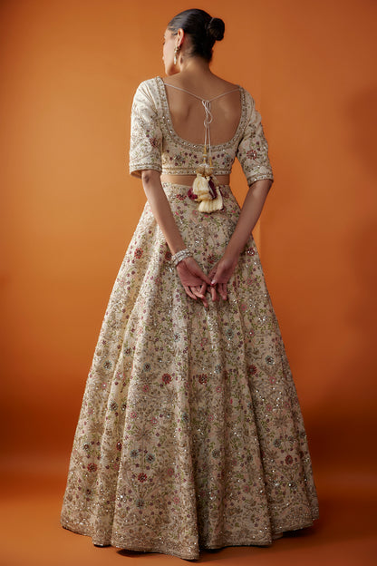 Ivory Raw Silk Zardosi Embroidered Lehenga Set