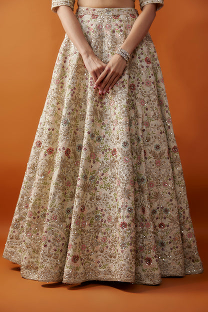 Ivory Raw Silk Zardosi Embroidered Lehenga Set