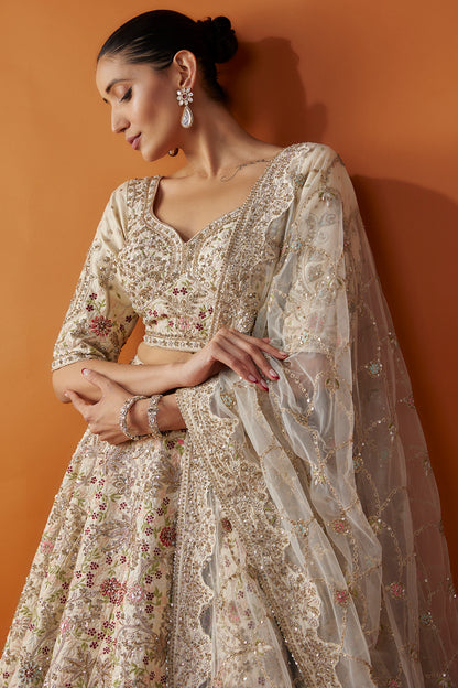 Ivory Raw Silk Zardosi Embroidered Lehenga Set