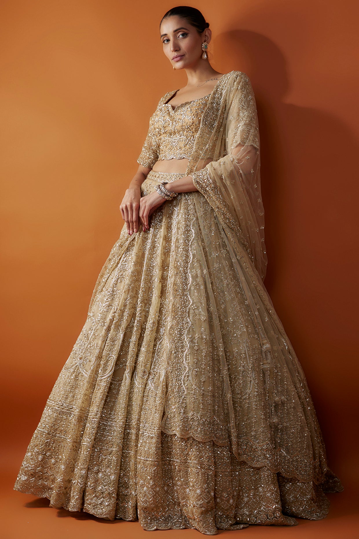 gold organza cutdana & zardosi hand embroidered lehenga set