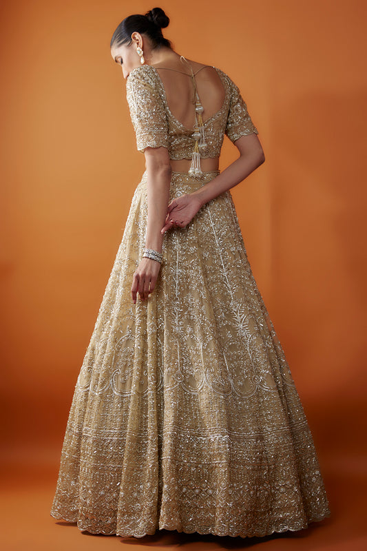 gold organza cutdana & zardosi hand embroidered lehenga set